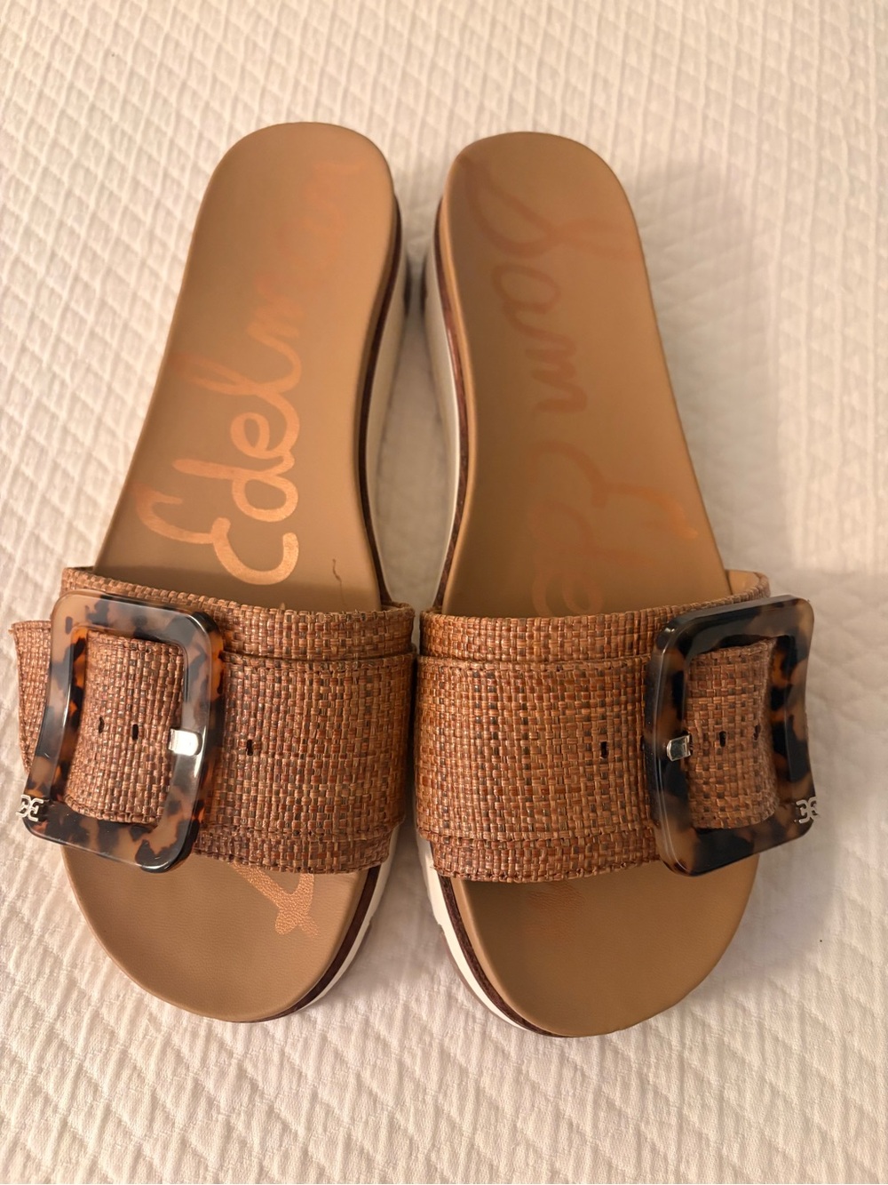 Sam Edelman Brown Woven Slide Sandals with Tortoiseshell Buckle 9.5